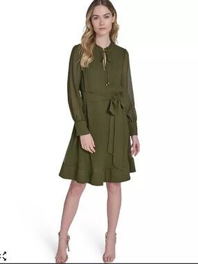 Olive Green Long-Sleeve Tie-Waist Dress One Piece130*